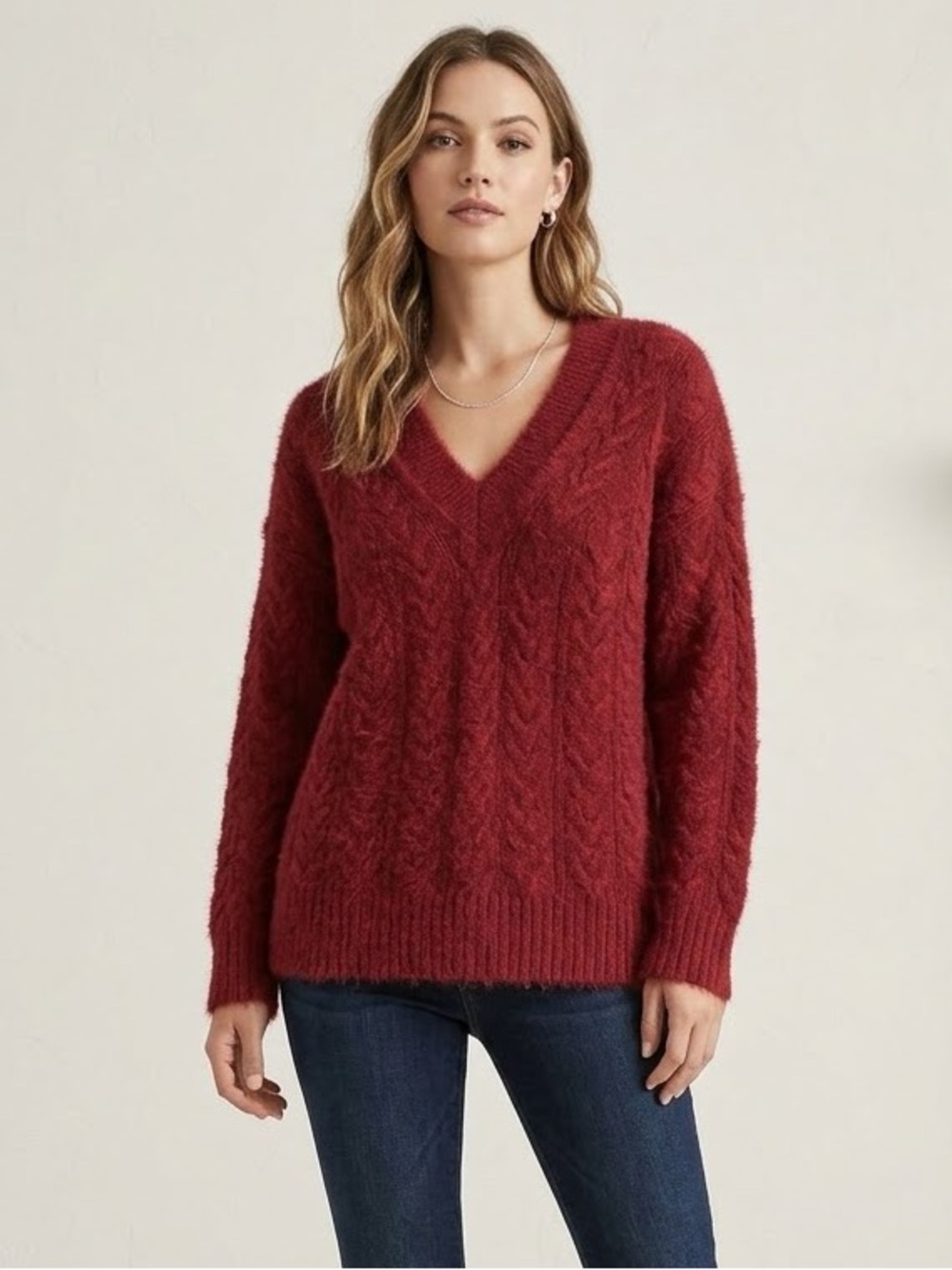 Lucky Brand Red Fuzzy Knit V Neck Sweater Women’s Medium M Soft Cozy